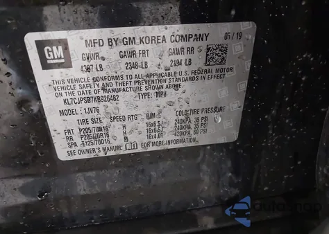 2019 Chevrolet Trax Lt z USA, uszkodzony, nr VIN KL7CJPSB7KB926482